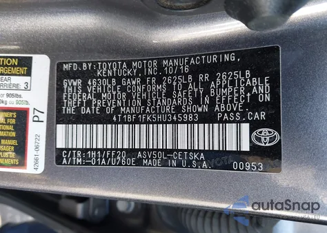 2017 Toyota Camry Se from USA, damaged, VIN 4T1BF1FK5HU345983
